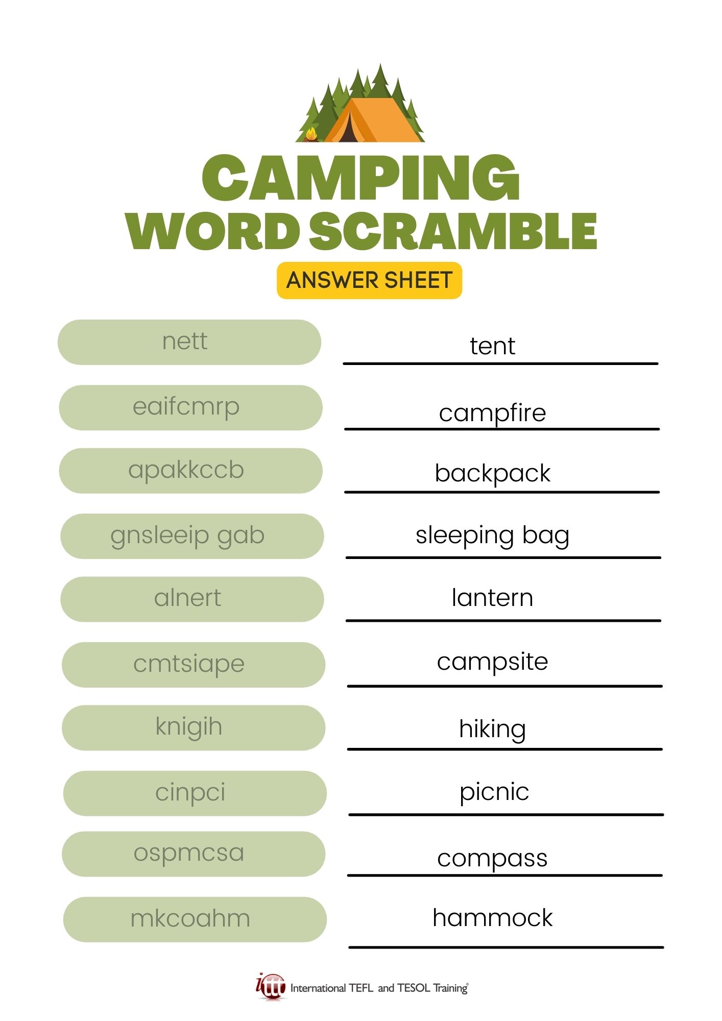 Camping Vocabulary EFL Word Scramble ️ ️ ️ ITTT